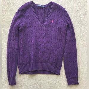 Ralph Lauren Cotton V-Neck Sweater (Purple) - Cable Knit
